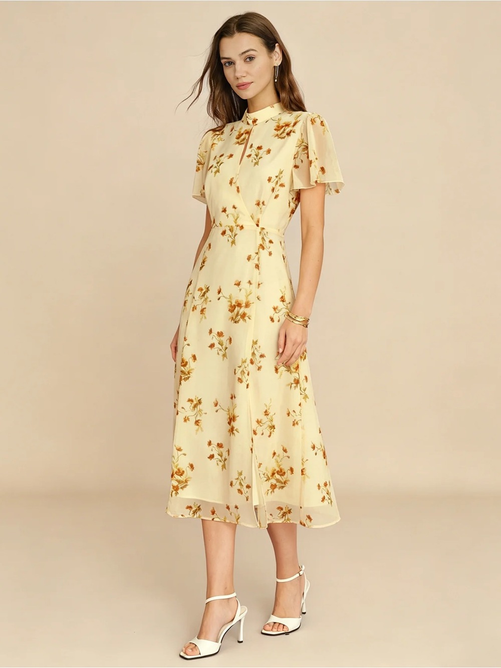 RIHOAS Light Yellow Floral Midi Dress with Flutter Sleeves
